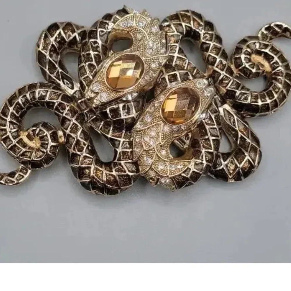 Vintage Extra Large Brown Enamel Double Snake Brooch Pin Pendant Crystals
